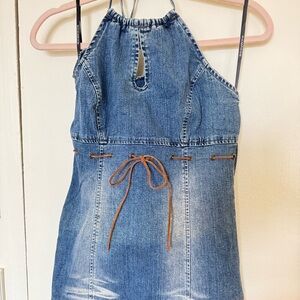 Rampage Denim Halter Dress with Brown Accent